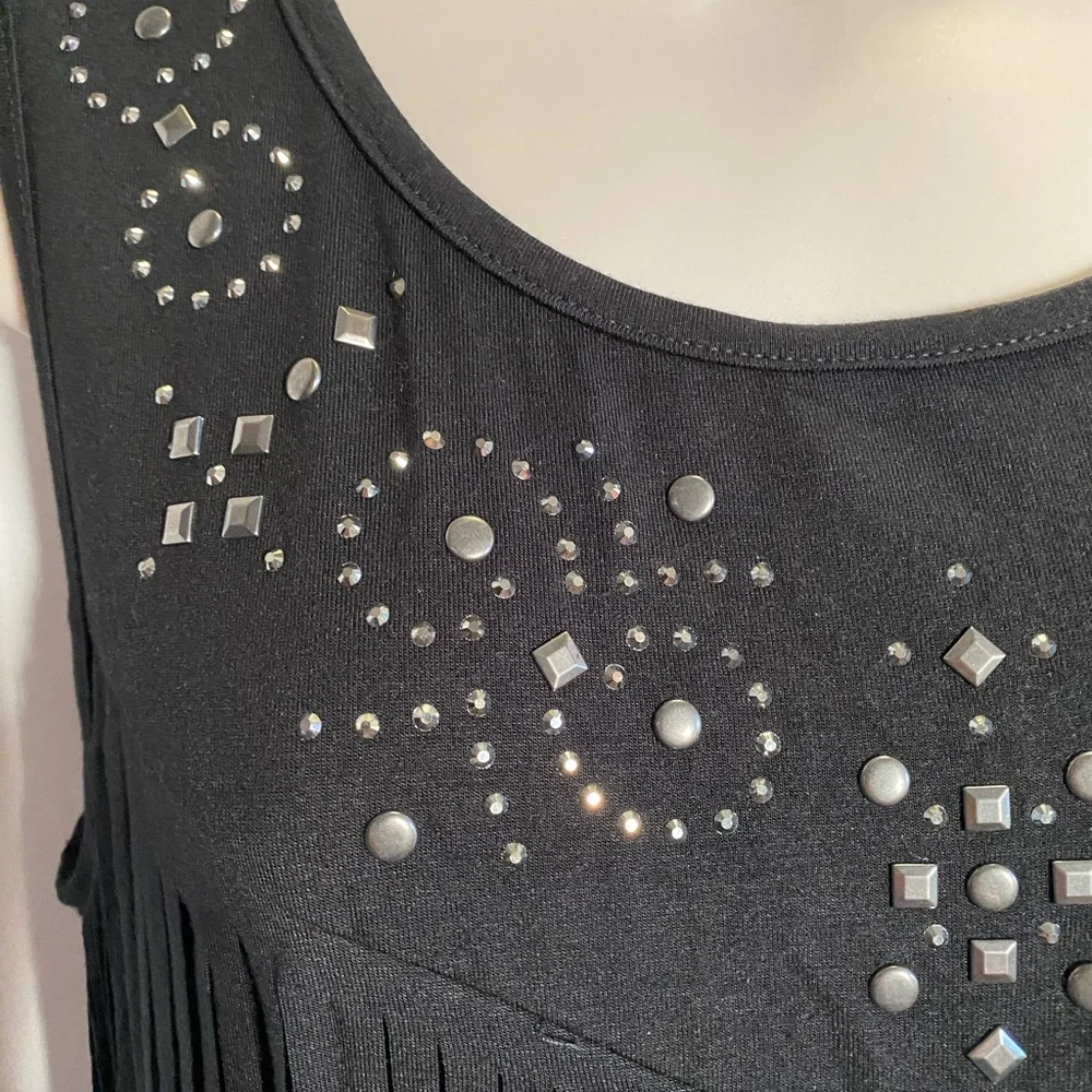 Vocal Deep Black Sleeveless Top, Fringe Front, Round Neckline with Stud Detail - Picture 3 of 11